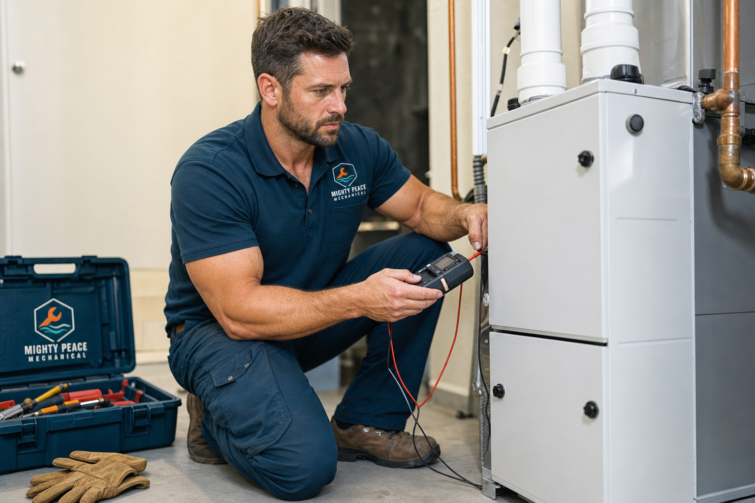 Mighty Peace Mechanical HVAC technician commissioning a new high-efficiency furnace install