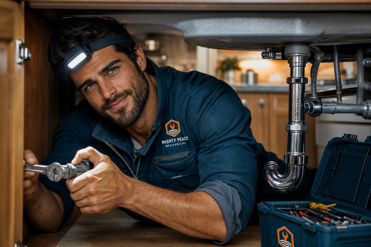 Mighty Peace Mechanical plumber rebuilding an under-sink P-trap in a Peace River kitchen