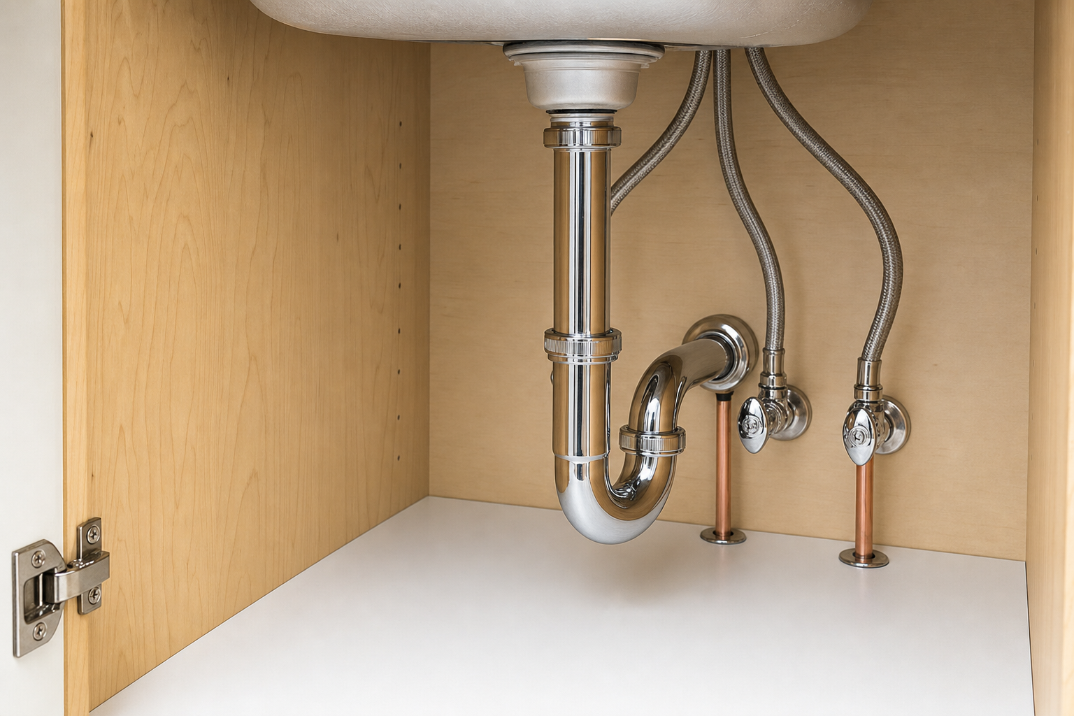 New chrome P-trap and braided supply lines, dry clean cabinet