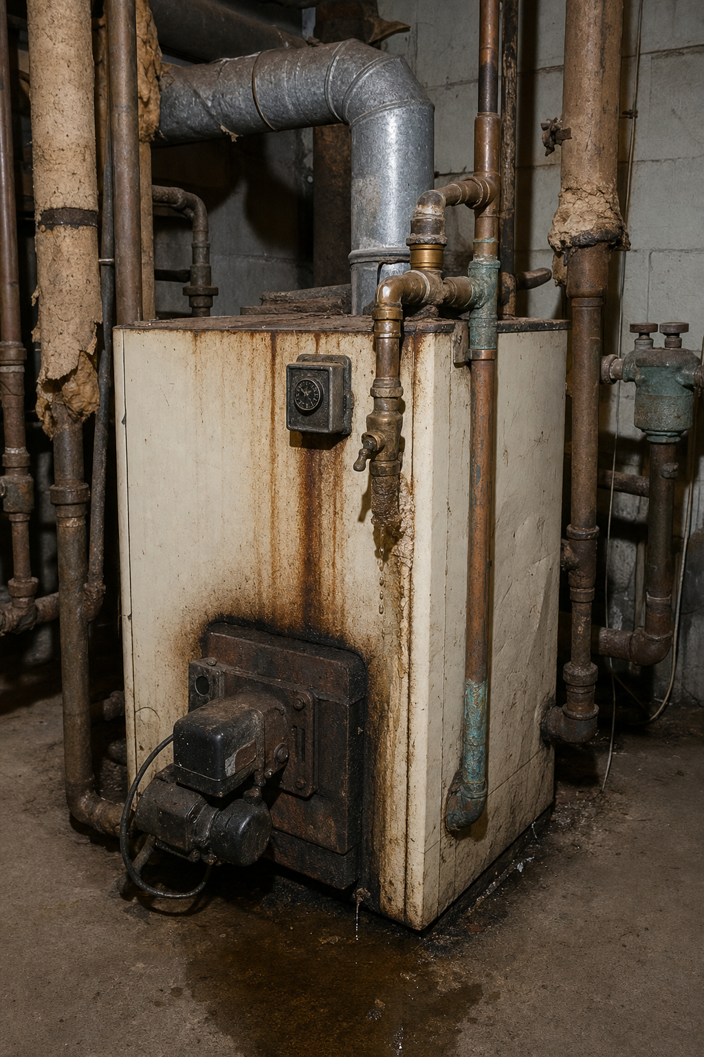 Old rusted gas boiler with corroded copper piping