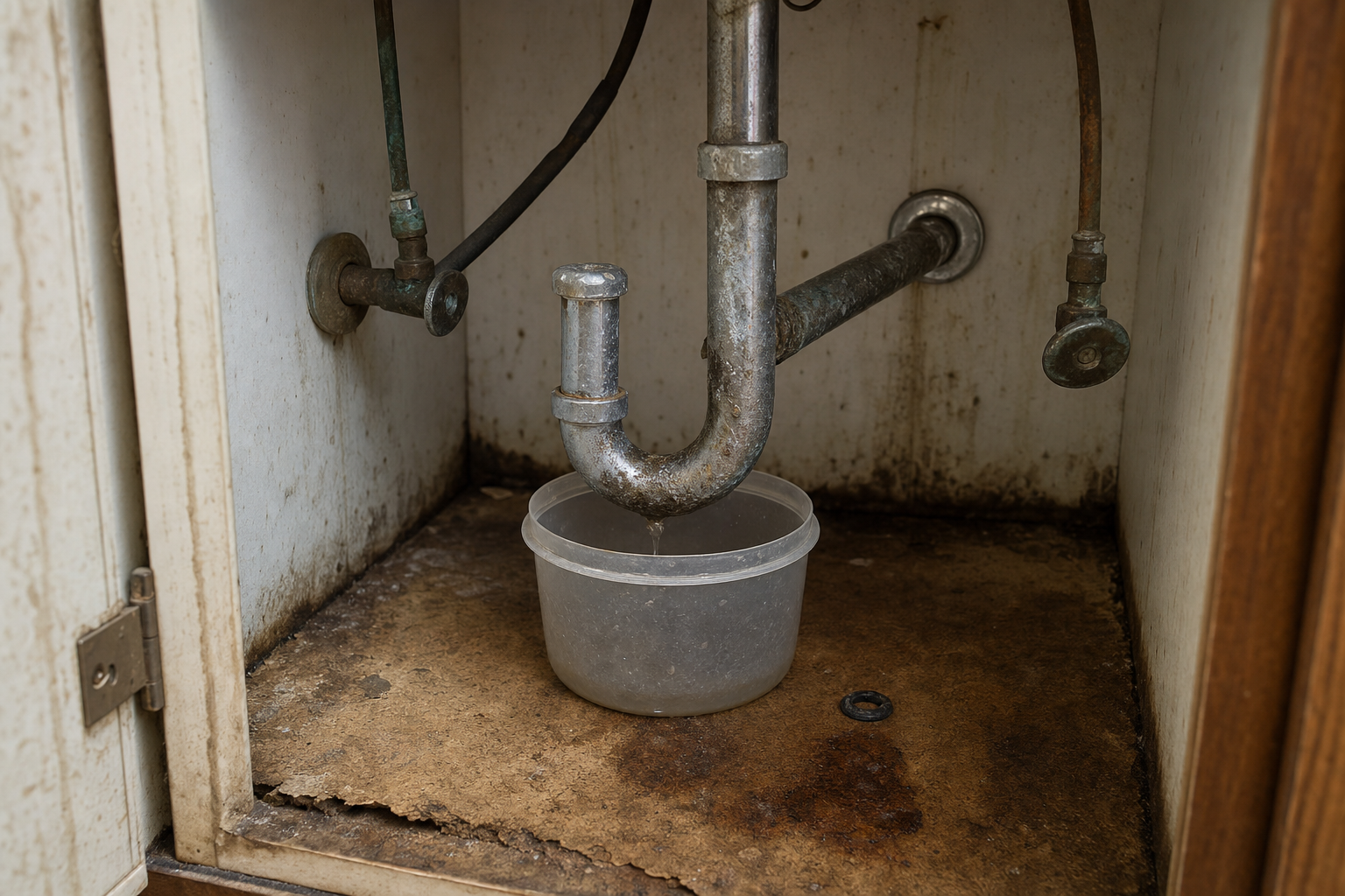 Leaking corroded P-trap dripping into a bucket
