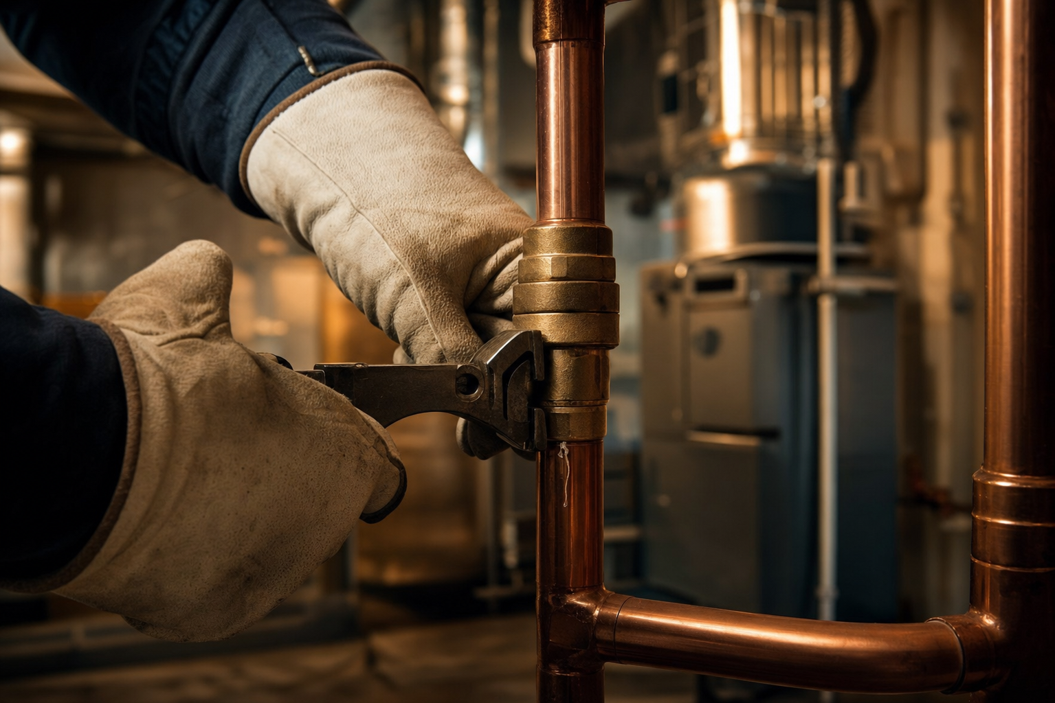 Technician hands working on copper plumbing